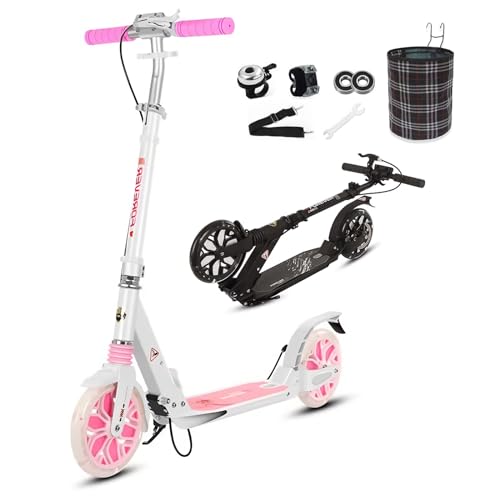 BigWheel Scooter - Tretroller für Kinder und Erwachsene mit LED aufleuchten Räder - Roller ab 8 Jahre - Cityroller bis zu 150 kg - Klappbar & Höhenverstellbar - Mit Tragegurt (Rosa) von Generic
