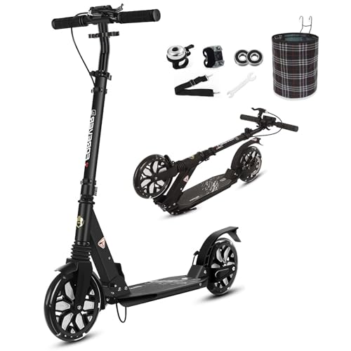 BigWheel Scooter - Tretroller für Kinder und Erwachsene mit LED aufleuchten Räder - Roller ab 8 Jahre - Cityroller bis zu 150 kg - Klappbar & Höhenverstellbar - Mit Tragegurt (Schwarz) von Generic