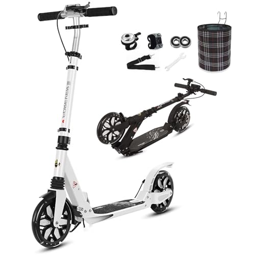BigWheel Scooter - Tretroller für Kinder und Erwachsene mit LED aufleuchten Räder - Roller ab 8 Jahre - Cityroller bis zu 150 kg - Klappbar & Höhenverstellbar - Mit Tragegurt (Weiß) von Generic