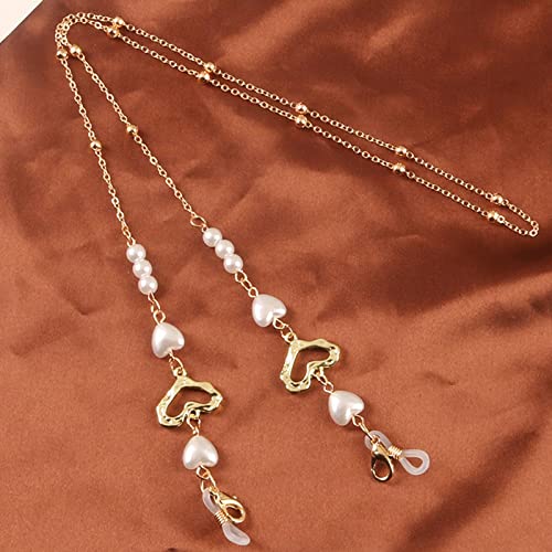 Brillenkette Brille Dual-Use Lanyard Pearl Heart Anti-Lost Lanyard Chain Retro Pearl Love Beaded Necklace Temperament Mask Chain Gold von Generic
