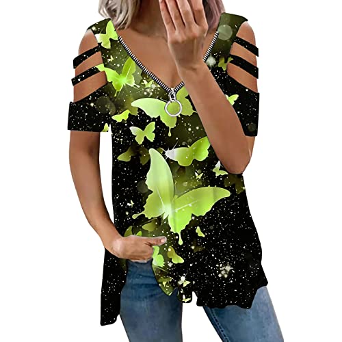 Cold Scholder Oberteile Damen Elegant Top Vintage Sommerblusen V-Ausschnitt Kragen Reißverschluss Schulterfrei Oberteile Hemden Schmetterling Kurzarm Longbluse - Große Größe T-Shirts Damen von Generic