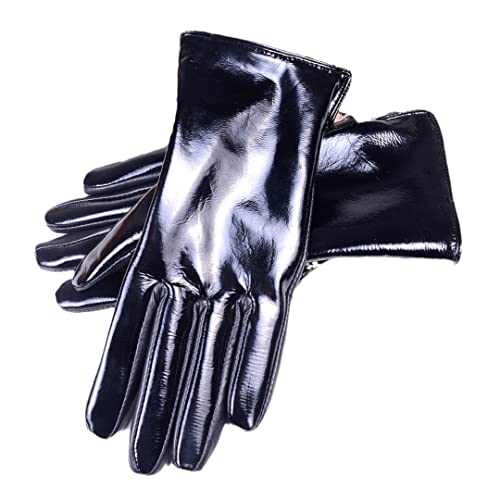 Damen Damen Lackleder Glänzend Schwarz Wollfutter Winter Warm Touchscreen Kurze Handschuhe von Generic