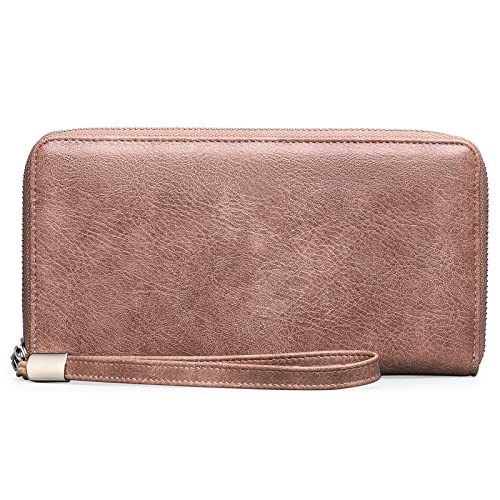 Damen Geldbeutel mit RFID,Abnehmbare Handschlaufe mit Druckknopfverschluss, Lange Brieftasche mit Reißverschluss,Pink von Generic