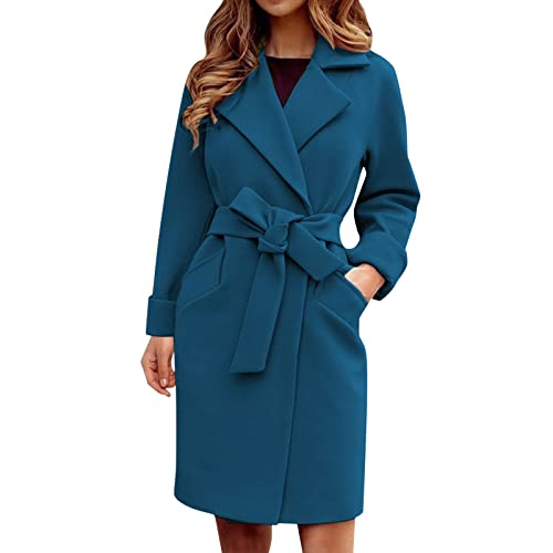Damen Mantel Elegant Lang Wollmantel Mode Langarm Umlegekragen Einfarbig Trenchcoat Warme Outwear Herbst Winter Jacke mit Gürtel von Generic
