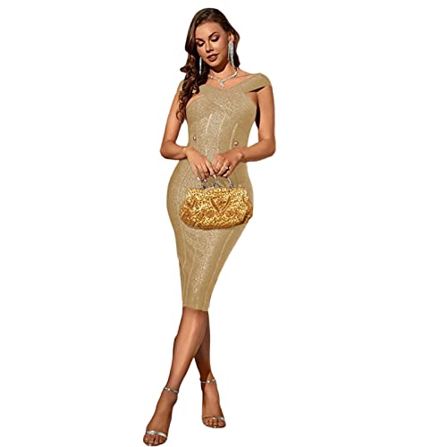 Damen One Shoulder Kleid in Satinoptik Raffungen Casual Neck Ärmellos Bodycon Elegante Midi Party Kleid Bandage Kleid Lang Festliche Kleider Cocktailkleid,Gold,M(Bust:72CM) von Generic