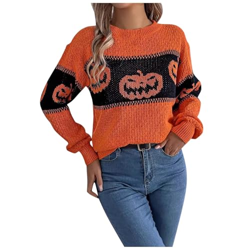 Damen Pullover Herbst, Halloween Pullover Sweatshirt Geist Rundhal Strickpullover Casual Langarm Pulli Warm Fleecepullover mit Aufdruck Damen Kostüm Halloween Pullunder für Horror-Nächte​​ von Generic