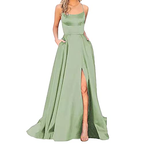 Elegant Ballkleid Damen Rückenfreies-Abendkleid Damen Lang-Satin Kleid Spaghetti Hochzeitskleid Lange Ballkleider mit Taschen und Schlitz A-Linie Abendkleider Sexy Kleider Brautjungfernkleider von Generic