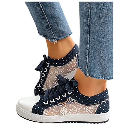 Freizeitschuhe Damen Bestickte Sneaker Spitze Atmungsaktive Stoffschuhe Elegante Frauen Schnürhalbschuhe Laufschuhe Leicht Sportlich Flache Schuhe Walkingschuhe von Generic