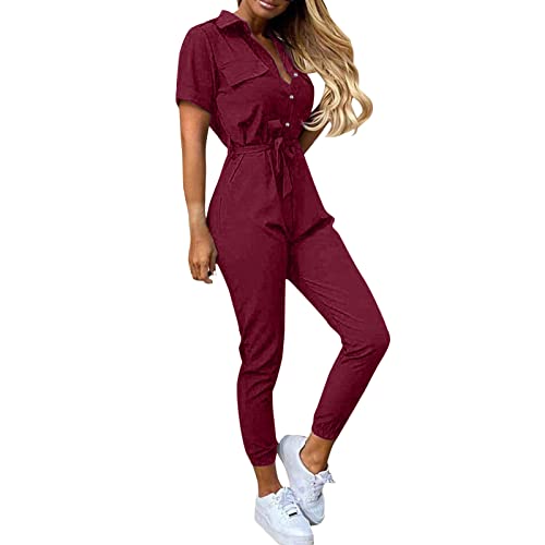 Generic Damen Body Einteiler Sexy Pyjama Overalls für Frauen, Sommer, lässig, kurzärmliges, Button-Down-Gürtel, Arbeitsoverall, Strampler mit Taschen Overall Damen Jeans (Red, S) von Generic