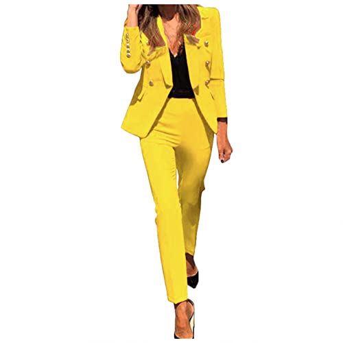Generic Damen Elegant Business Anzug Set Hosenanzug Blazer Hose 2-teilig Anzug Karo Kariert Zweiteiler Slimfit Streetwear, Z1-gelb, M von Generic