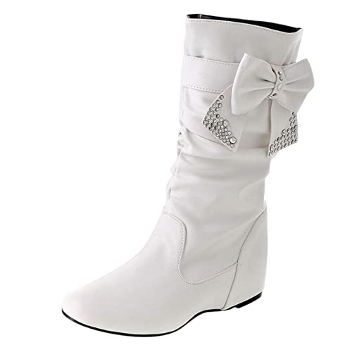 Generic Stiefeletten Damen Boots Winterboots Schuhe Retro Damen Strass Fliege Low Heel Slip On Mid Waden Stiefel Runde Zehe Schuhe (White, 39) von Generic