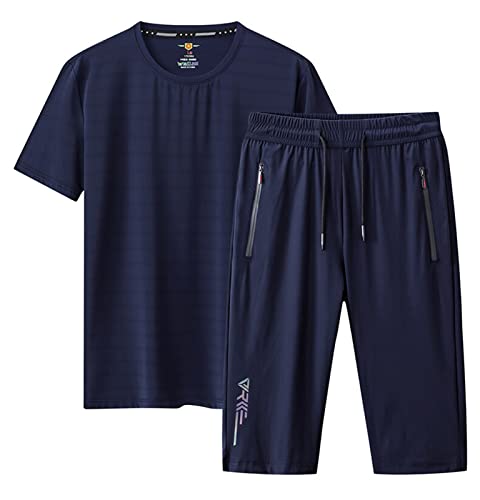 Generic Trainingsanzüge für Herren Lässiger 2-teiliger Anzug aus Eisseide mit T-Shirt und kurzer Herren-Sommer-Set-Kleidung,Blau,8XL von Generic