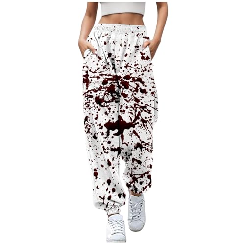 Halloween Blut Kostüm Damen Hose, Jogginghose Damen Baggy Sporthose Outdoor Hosen Yogahose Mit Taschen Und Kordelzug Sweathose Blutspritzer Freizeithose Horror Damenhose Mit Gummizug Pyjamahose Lang von Generic