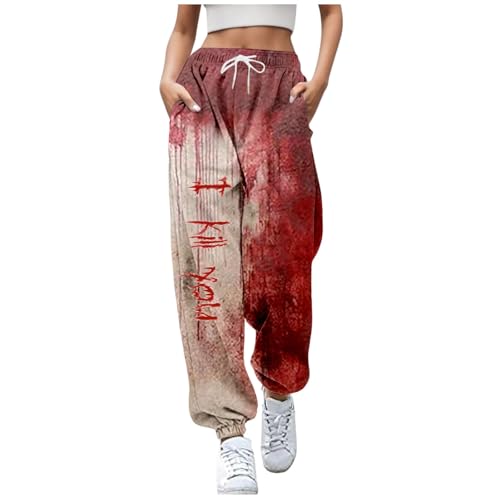 Halloween Hose Damen Blutig - Jogginghose Baggy Damen High Waist Sporthose Mit Taschen Und Kordelzug Herbst Hosen Yogahose Lang Freizeithose Blutspritzer Sweathose Damenhose Mit Gummizug Haremshose von Generic