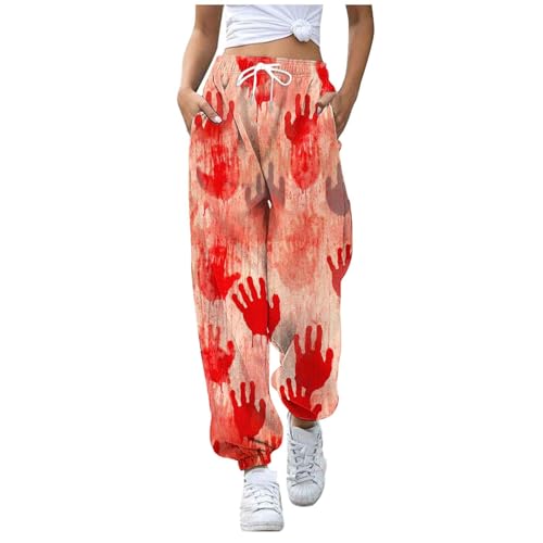 Halloween Hose Damen Sporthose mit Blutigem Aufdruck - Jogginghose Damen Baggy Lang mit Kordelzug und Taschen Lang Sweatpants Regular Fit Pumphose Stretch Leichte Y2k Sweathose von Generic