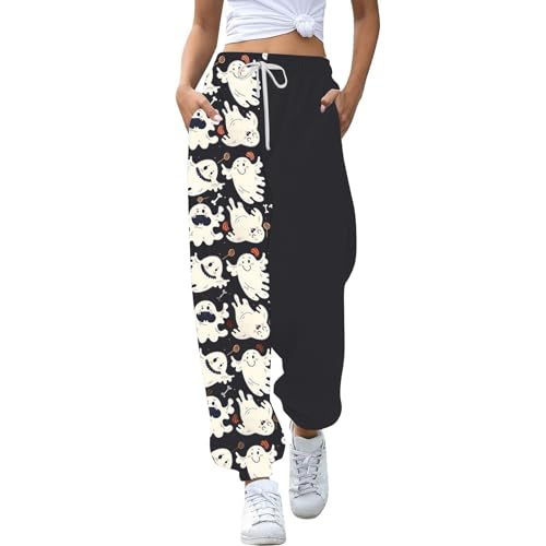 Halloween Jogginghose Damen,Jogginghose Lang High Waist Freizeithose Geist Druck Mit Kordelzug Und Taschen Sweatpants Running Soft Sporthose Freizeithose Trainingshose Fitnesshose von Generic