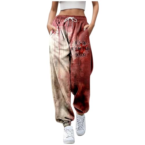 Halloween Kostüm Blut Hose Damen - Jogginghose Damen Baggy Hosen Große Größen Sporthose Lang Yogahose Mit Taschen Und Kordelzug Freizeithose Blutspritzer Sweathose Damenhose Mit Gummizug Outdoorhose von Generic