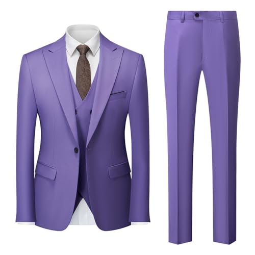 Herren 3 Stück Classic Fit Anzug Set Anzüge für Männer Slim fit 3 Stück Solid Essential One Button Anzug Set Blazer mit Hose und Weste,Purple 1,AF M (EU XS) von Generic