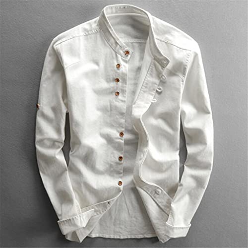 Herren-Hemden aus Baumwollleinen, langärmelig, lässig, schmal, Stehkragen, Sommer- und Strandhemd (Farbe: Weiß, Größe: XXXL-Code) von Generic