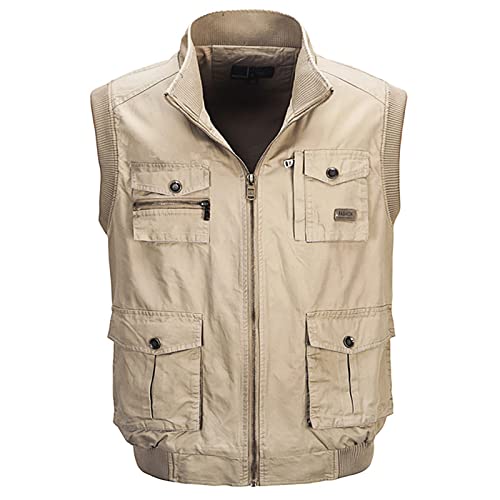 Herren Outdoor Weste Ärmellose Anglerweste mit Vielen Taschen Baumwolle Freizeit Jagd Weste Camping Wander Weste Jacke Reporterwesten Herren Multifunktionsweste,Beige,XL von Generic