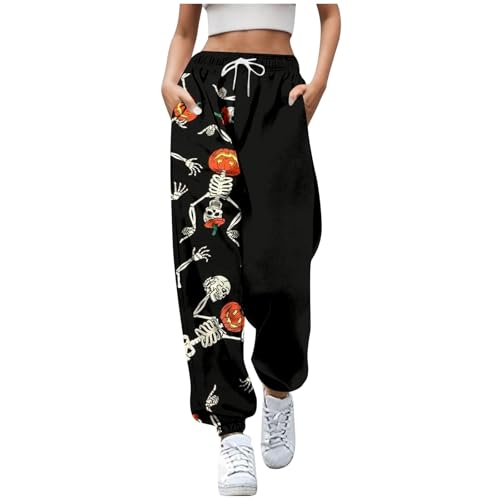 Jogginghose Damen Baggy Halloween,Jogginghose Lang High Waist Sweathose Lang Elegant Sporthose Druck Sweatpants Kordelzug Freizeithose Loungewear Elastischer Taille Traininghose von Generic