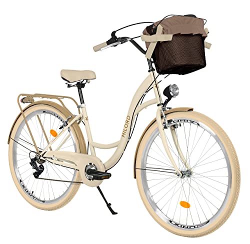 Komfort Fahrrad Citybike Mit Korb Damenfahrrad Hollandrad, 28 Zoll, Creme-Braun, 7-Gang Shimano, Beige von Generic