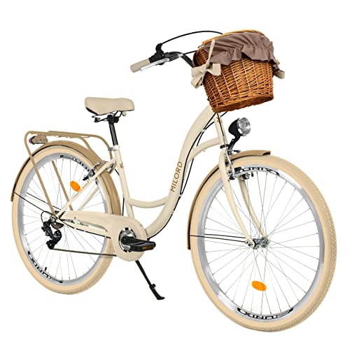 Komfort Fahrrad Citybike Mit Weidenkorb Damenfahrrad Hollandrad, 26 Zoll, Creme-Braun, 7-Gang Shimano, Beige von Generic