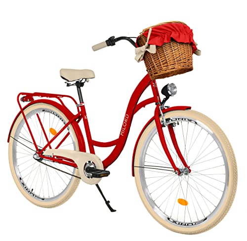 Komfort Fahrrad Citybike Mit Weidenkorb Vintage Damenfahrrad Hollandrad, 26 Zoll, Rot, 3-Gang Shimano von Generic