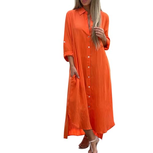 Kommunionkleid mädchen Damenkleider elegant Vintage Kleider Damen 2er Jahre kostüm Leinen Revers Langarm Maxi T-Shirt Kleid mit Taste leinenkleider aus Italien Bandeau（Saffron, S von Generic