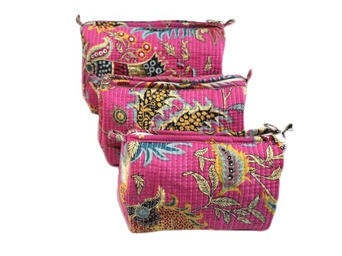 Kosmetiktasche, Kulturbeutel, indische Baumwolle, bedruckt, gesteppt, Reißverschluss, indisches Blumenmuster, handgefertigt, 3-teiliges Set, gesteppte Baumwoll-Make-up-Tasche, Pink, Blumenmuster von Generic