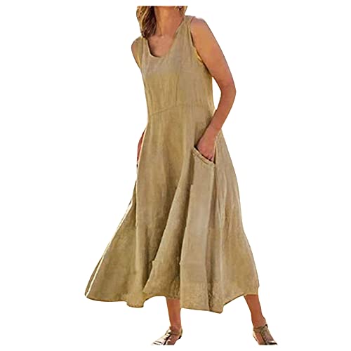 Leinenkleid Damen Sommer - Sommerkleid Damen Lang -A Linien Kleid Damen Baumwolle Leinen mit Tasche Vintage Einfarbig Ärmellos Strandkleid Lockeres Blusenkleid Langes Kleider Maxikleid Freizeitkleid von Generic