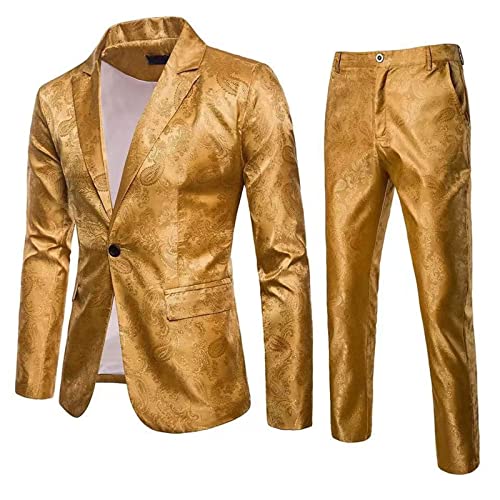 Männer Business Casual Slim Anzugsets Jacken + Hosen Fashion Tuxedo Hochzeit formelle Kleiderblazer Bühnenaufführungen Anzug Anzug,Gold,3XL von Generic