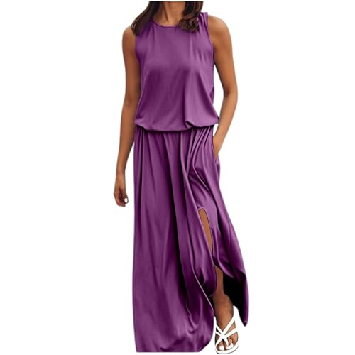 Maxikleider Damen Sommer Elegant - Sommerkleid Damen Leicht Kleid Rundhals Ärmellos Maxikleid Seite Schlitz Lang Kleider Einfarbig Casual Ballkleid Lose Tunikakleid Beach Freizeitkleider Partykleid von Generic