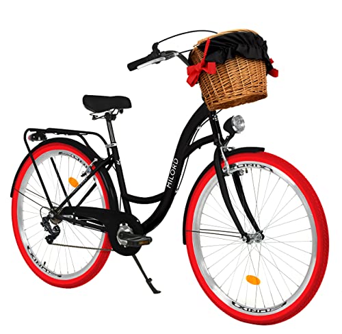 Milord Komfort Fahrrad mit Weidenkorb, Hollandrad, Damenfahrrad, Citybike, Vintage, 28 Zoll, Schwarz-Rot, 7-Gang Shimano von Generic