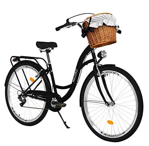 Milord Komfort Fahrrad mit Weidenkorb Hollandrad, Damenfahrrad, Citybike, Retro, Vintage, 26 Zoll, Schwarz, 7-Gang Shimano von Generic