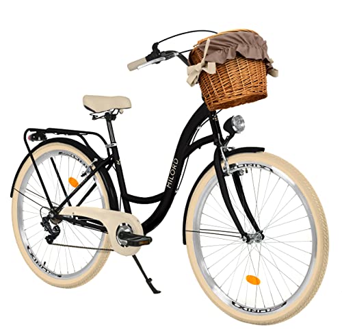Milord Komfort Fahrrad mit Weidenkorb Hollandrad, Damenfahrrad, Citybike, Retro, Vintage, 26 Zoll, Schwarz-Creme, 7-Gang Shimano von Generic