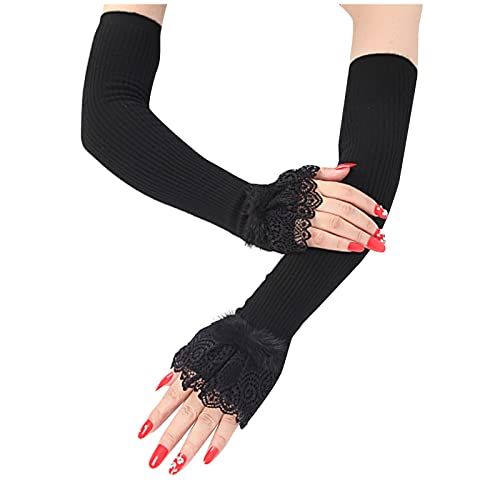 Nerz-warme Hülsen-Frauen--Lange Handschuhe Wolle-Kaschmir-Armstulpen Wolle-Spitzen-Handschuhe Set Halloween (Black, One Size) von Generic