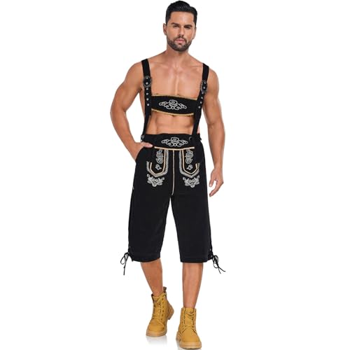 Oktoberfest Outfit Herren Trachtenmode Leder Trachtenhose Lederhosen Trachten Knickerbocker Kniebund Lederhose Mit Träger Gürtel Übergröße Trachtenjeans Kunstleder Kniebundhose Hose von Generic
