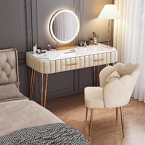 QYYZTQY Massivholz -Make -up -Schreibtisch mit gesintertem Marmoroberteil entfernbarer HD -Spiegel mit 3 Helligkeitsniveaus Make -up -Set mit Stuhl und 2 Schieberschubladen perfekt für Ihr von Generic