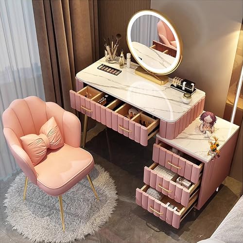 QYYZTQY Weiß rosa Waschtisch -Make -up -Schreibtisch mit Spiegel 100 cm Dressing Tabelle 5 Schubladen Aufbewahrungsschrank & Stuhl Elegante Mädchen Schlafzimmermöbel von Generic