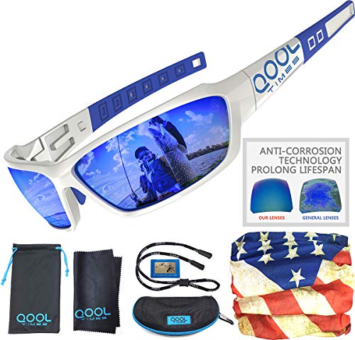 Qool Times Polarisierte Angel-Sonnenbrille für Herren, mit Anti-Salzwasser-Korrosions-Beschichtung, 100% UV-Schutz, mit Etui, Tasche, Gesichtsabdeckung, Schal und Riemen von Generic
