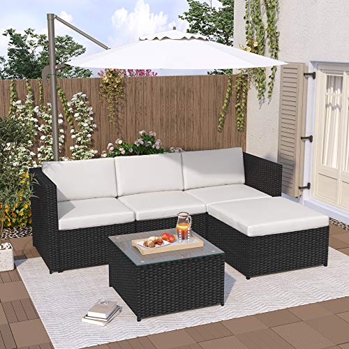 Rattan-Lounge-Gartenmöbel-Set, 5-teiliges Lounge-Ecksofa, Sofa-Set mit Sitz- und Rückenkissen, Lounge-Tisch mit Glasplatte, 5-teilig (schwarz) von Generic