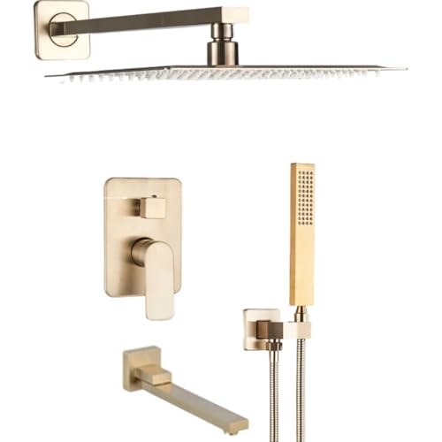 SLOPSS Duschsets für Badezimmer luxuriöser gebürsteter Goldener Duschmischer Wasserhahn drehen Wannenwanne Ausguss Wandmontage Niederschlag Dusche Handschuhe Duschhahn 12 Zoll 3 Wege von Generic