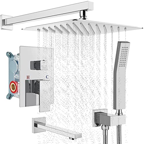 SLOPSS Polish Chrome Wall Mounted Shower System 8 Inch Shower Head Shower Faucet Set with Tub Filler Triple Function Shower Head Kit with Hand Held Sprayer Bathtub Faucet Set Rough-in Val von Generic
