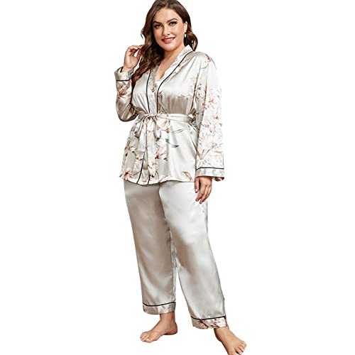 Satin- Pyjama-Set Damen Pyjama Seide Nachtwäsche Loungewear Pj Nachthemd Sommer Nachtwäsche Winter Sanft Bequem Übergröße,White,XXL(65KG) von Generic