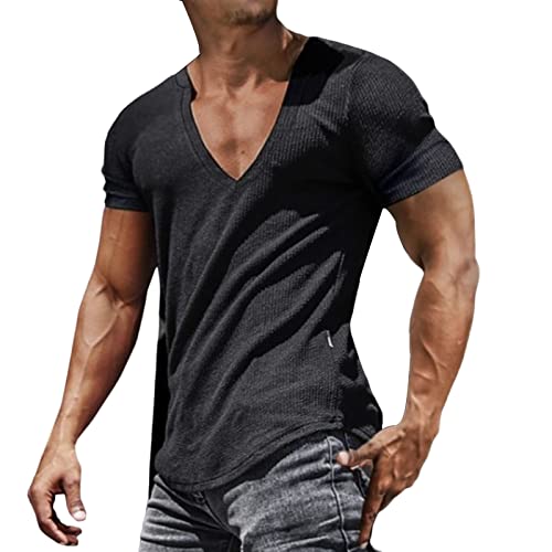 Shirt-Oberteil mit V-Ausschnitt, All Match, extra weiches Sommer-Fitness-Top, Shirt für Herren, Kleidung kompatibel mit Herren Schwarz XL von Generic