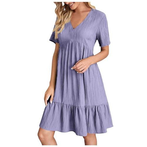 Sommerkleid Damen Knielang - Damenkleider Elegant Midi Kleid V Ausschnitt Kleider Kurzarm Lockeres Leinenkleid Fließend Midikleid Leicht Casual Ballkleid Mode Tunikakleid Bequeme Freizeitkleider von Generic