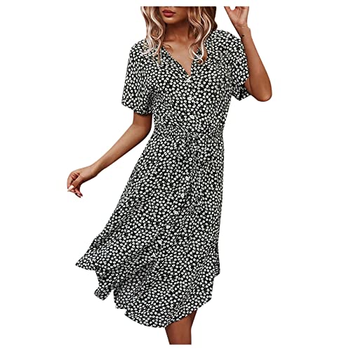 Sommerkleid Damen Lang - Boho Kleid Damen V Ausschnitt - Strandkleid Damen Sommer Kurzarm Blumenkleid Sexy Maxikleid mit Knöpfen Blumen Druck Lace Up Lässiges Swing Langes Kleider Festlich Elegant von Generic
