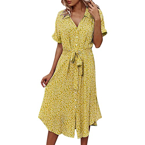 Sommerkleid Damen Lang - Boho Kleid Damen V Ausschnitt - Strandkleid Damen Sommer Kurzarm Blumenkleid Sexy Maxikleid mit Knöpfen Blumen Druck Lace Up Lässiges Swing Langes Kleider Festlich Elegant von Generic