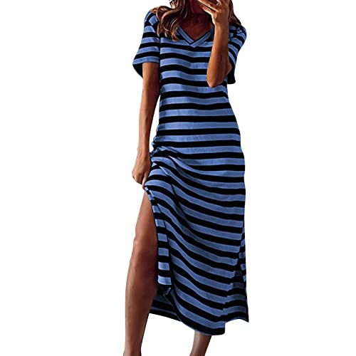 Sommerkleid Damen Lang - Tshirtkleider Damen Sommer Maxikleider V-Ausschnitt Ärmellos Hauskleid Gestreiftes T-Shirt Kleid Mit Seitenschlitz Leicht Ballkleid Sexy Tunikakleid Elegant Freizeitkleider von Generic